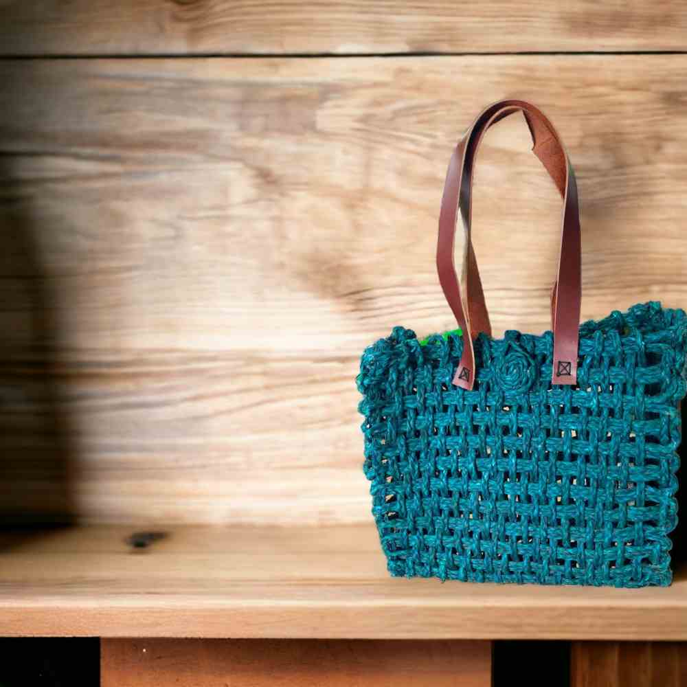 Teal Blue Handmade Sabai Grass Mesh Bag